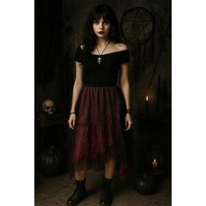 Whimsigoth Dark Fairycore Emo Gothic Burgundy Black Ruffle Mesh Tulle S Skirt